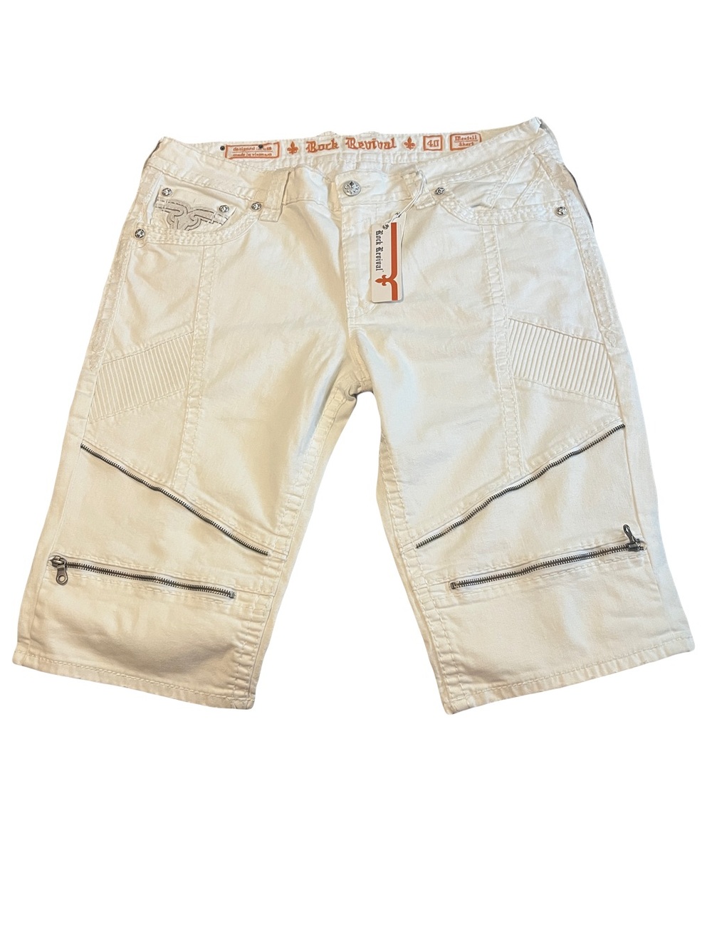 Rock Revival Montell Biker Mens White Cargo Zip-Detail Shorts 40